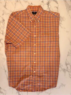 Brooks Brothers Orange Plaid Short-Sleeve Button-Down Shirt